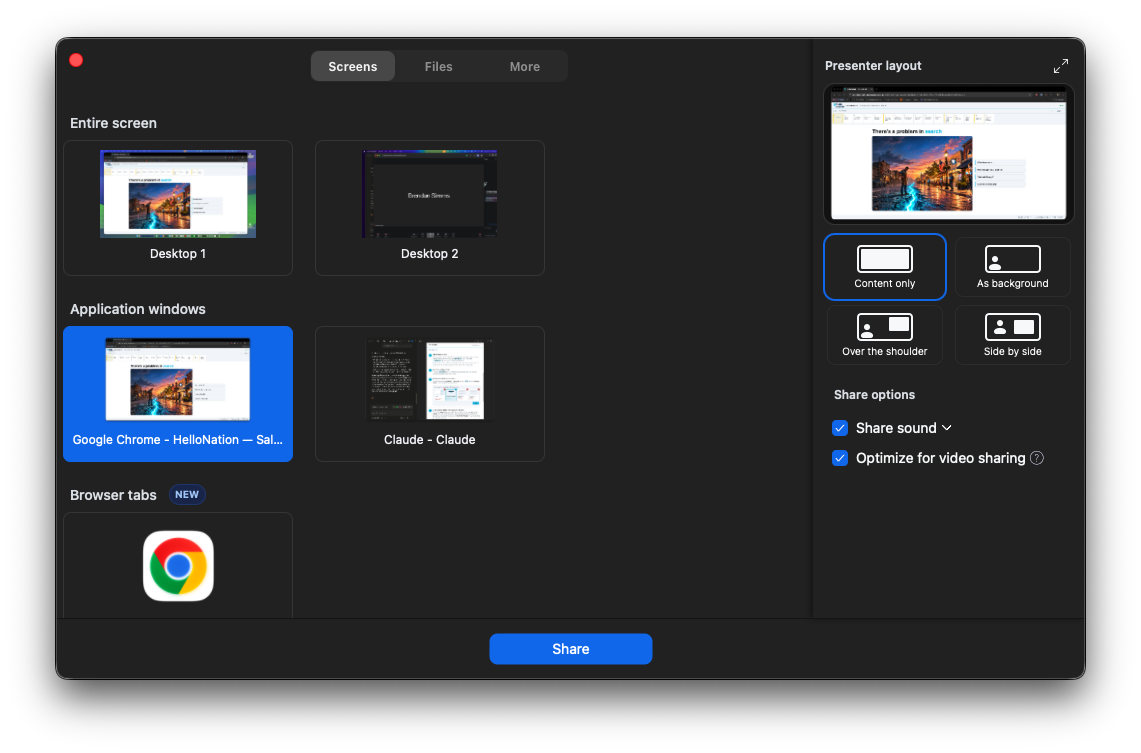 Zoom share picker with the Google Chrome HelloNation — Sales Deck window selected — the right choice