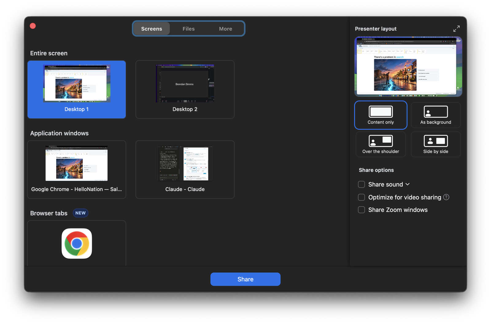Zoom share picker with Desktop 1 selected under Entire screen — the wrong choice