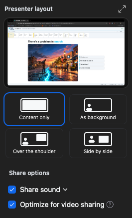 Zoom Share options with Share sound and Optimize for video sharing checked